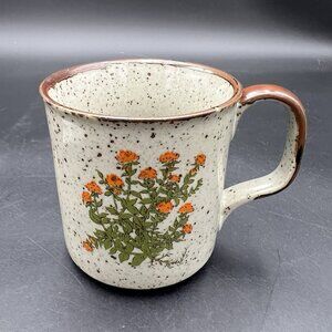VTG Takahashi Otagiri Orange Wildflower Stoneware Coffee Mug Brown Speckled